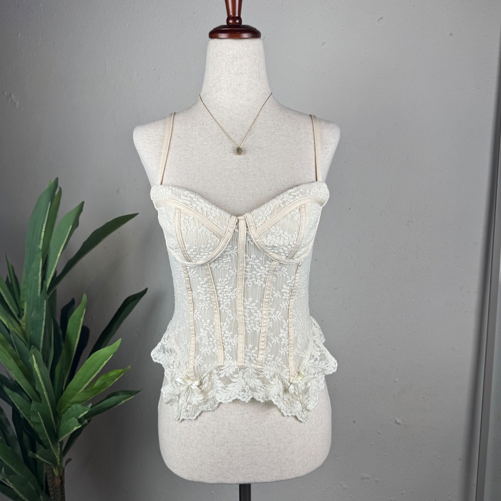 Girly Grunge Fairy Coquette Cream Lace Cider Corset Medium Peplum Bow Bustier